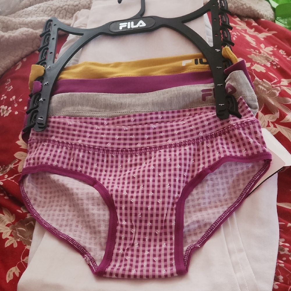Q31 New Fila 4 pack Small Panties mustard, maroon, gray & pink check